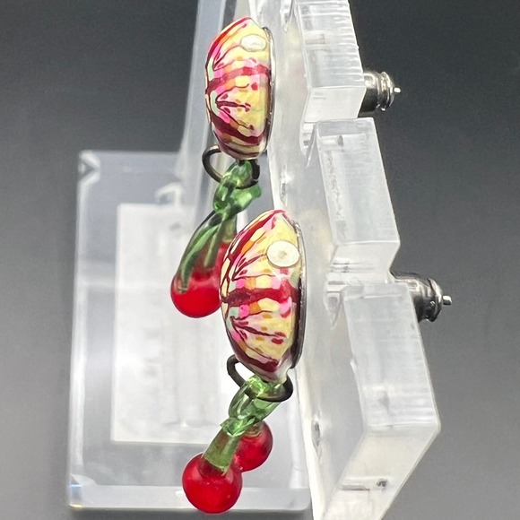 Cherry Dangle Earrings Colorful Round Post Earrings Fun Quirky Jewelry - Picture 4 of 5
